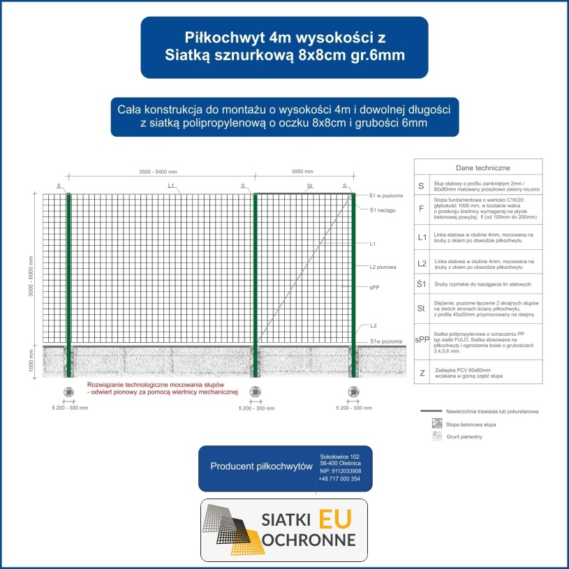 Piłkochwyt 4m - Słupy i siatka na piłkochwyt oczko 8x8cm i grubości 6mm